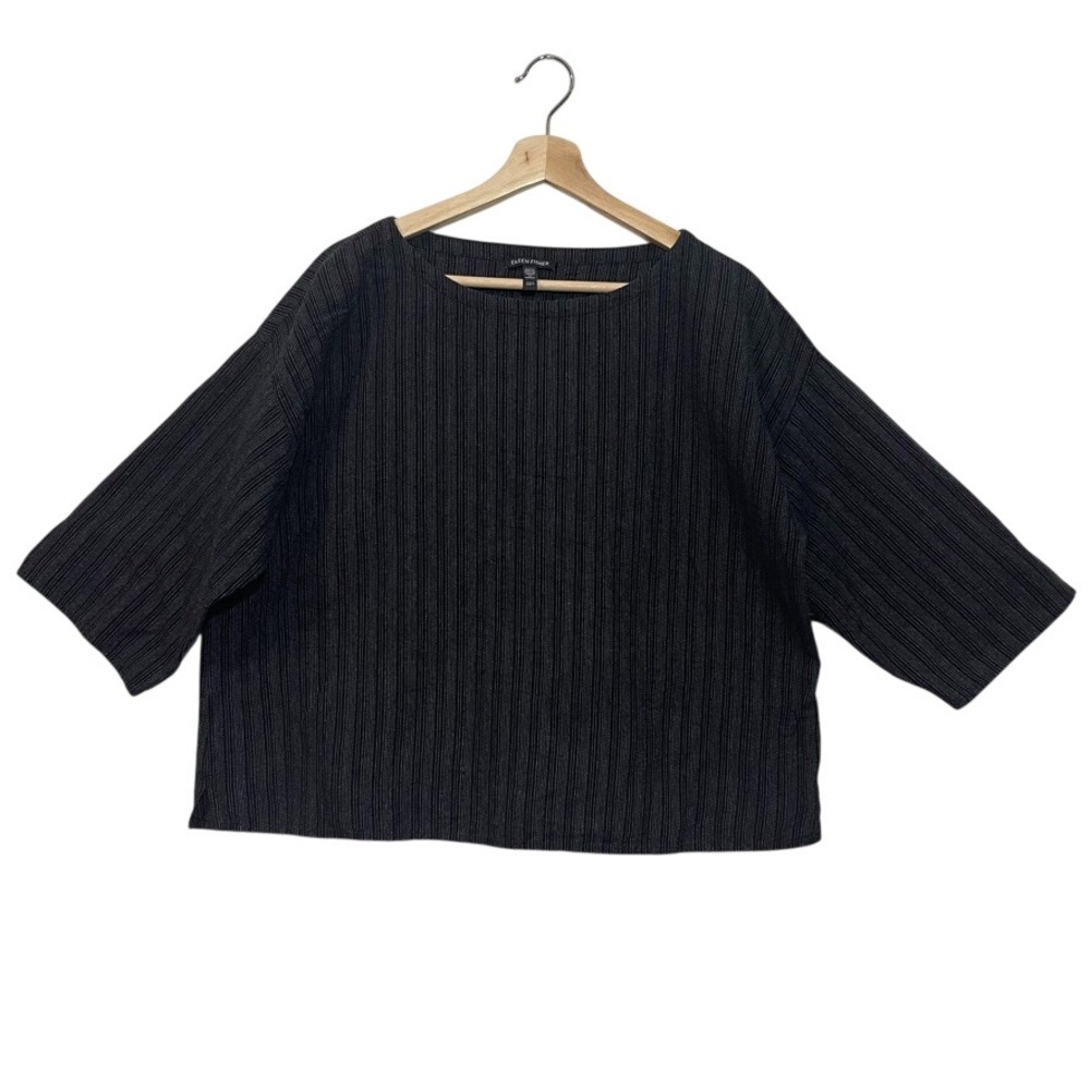 Eileen Fisher Womens Large Grey Organic Cotton Pinstripe Boxy Boat Neck Top